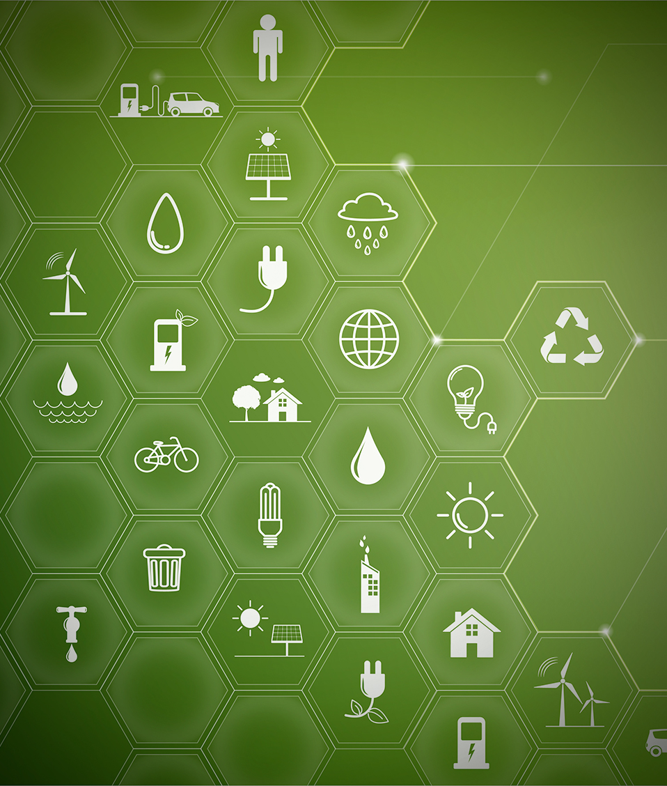 Ilustración sobre el concepto de energías renovables con iconos representativos de éste